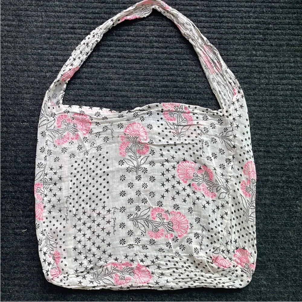 Lightweight White & Pink Floral Cotton Tote Bag